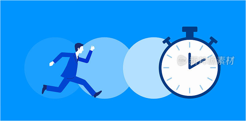 跑步商人和时钟，时间管理形象，蓝色背景，矢量插图