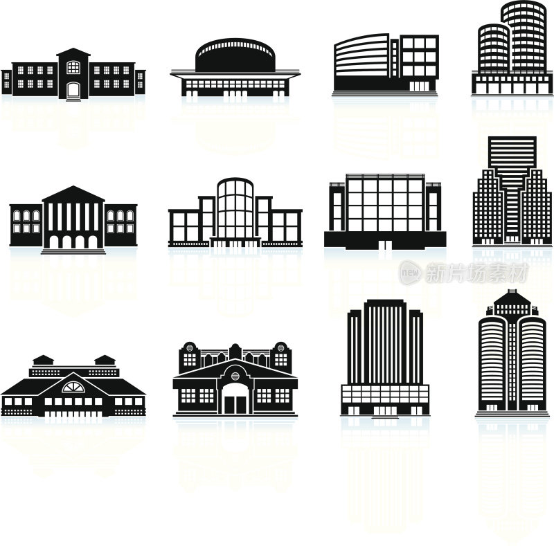商业地产:建筑和摩天大楼矢量图标集