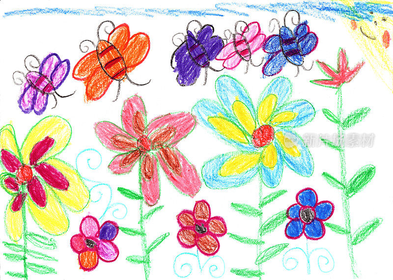 孩子画的是大自然中的蜜蜂和花朵