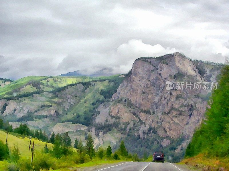 背景水彩画山川风景