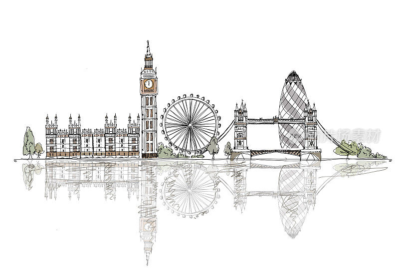 伦敦，大本钟，塔桥。著名建筑速写集