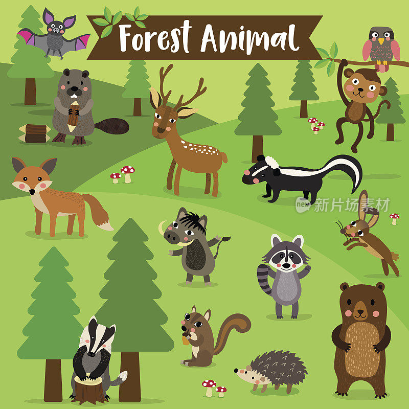 森林动物卡通。矢量插图。