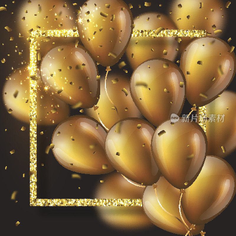 3D光滑的金色气球与框架和五彩纸屑。