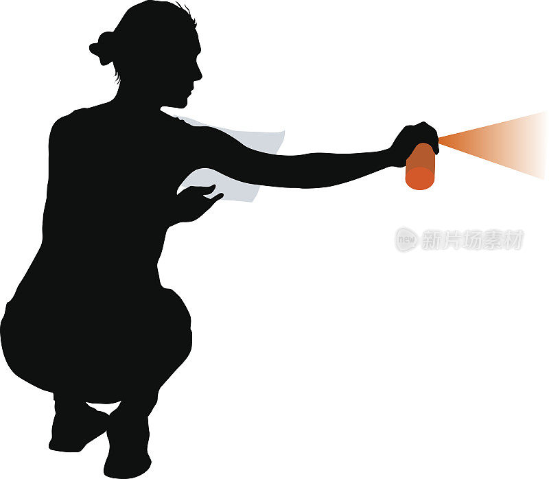 一个女人的剪影，在白色的背景上拿着一枝喷雾剂。矢量图