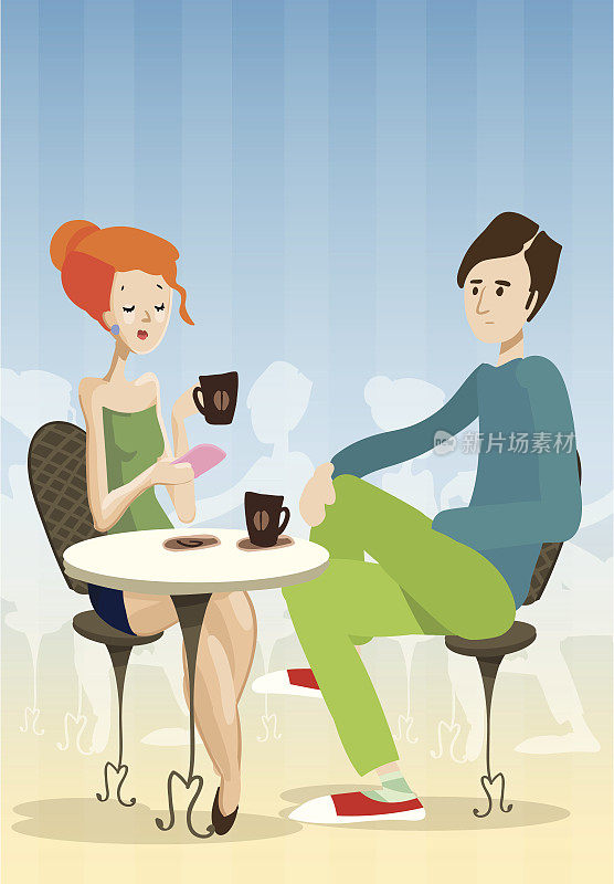 红发女孩和男孩坐在咖啡馆里