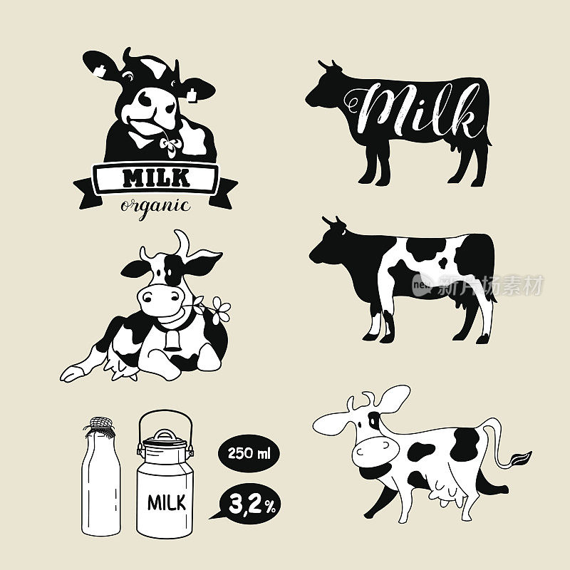 设置奶牛和牛奶标签，标志和设计元素。