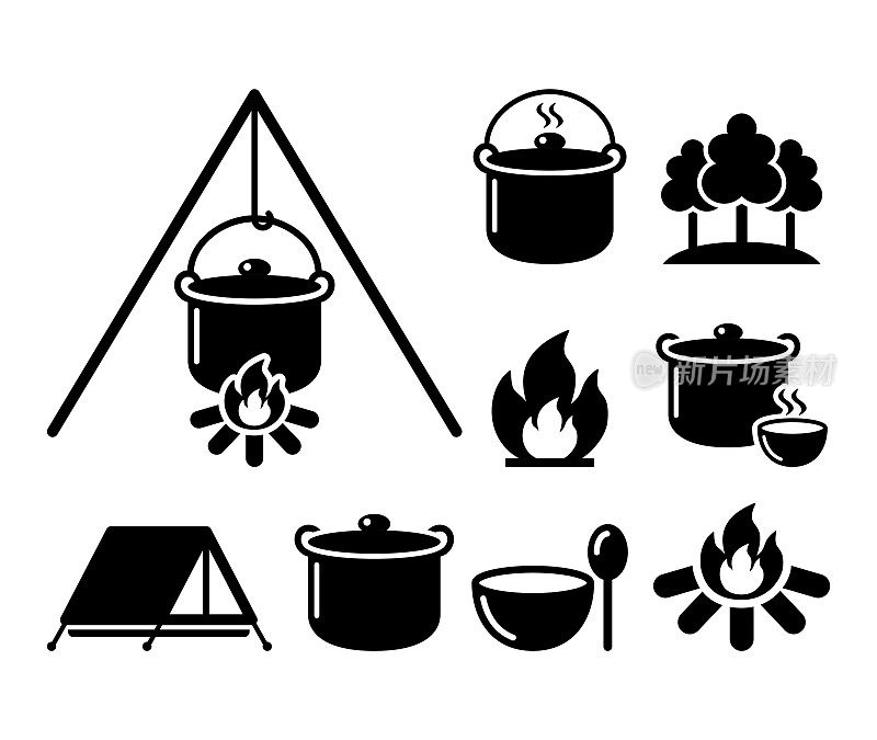 在火上做饭，篝火做饭，徒步图标设置