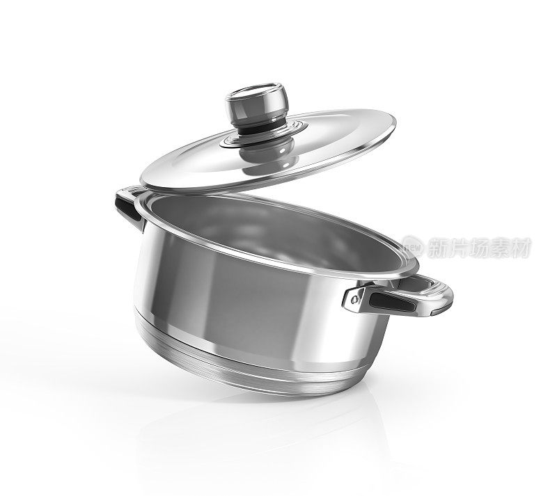 开放不锈钢烹饪锅孤立在白色与剪切路径。三维演示