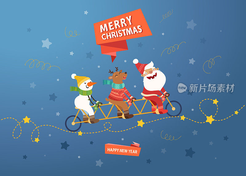 圣诞老人、小鹿和雪人骑双人自行车
