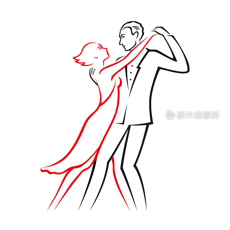 图形彩色线形画或图标，其中一对热恋中的情侣，卡通男人和女人，跳探戈。豪华矢量插图，孤立在白色背景。