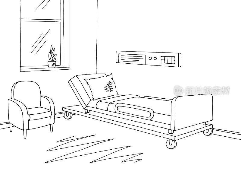 医院病房图形黑白室内素描插图矢量