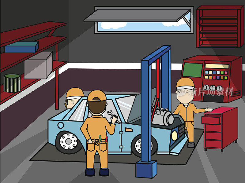 汽车修理技师在车库里修理汽车。