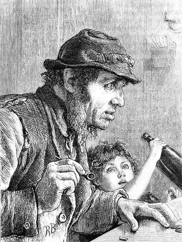 一个喜欢喝酒的粗鲁男人的维多利亚插图;他旁边的一个小孩取出了他的奶瓶;19世纪的醉酒1881年