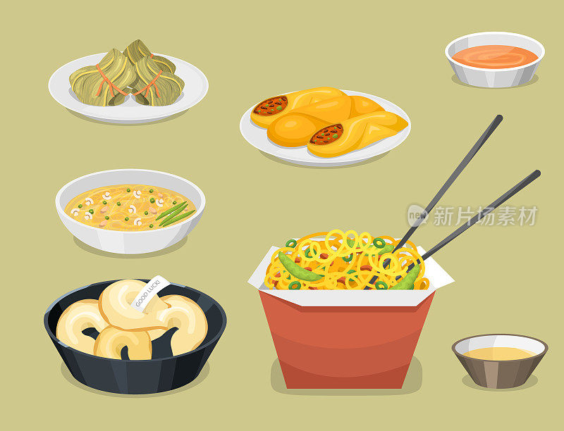 中国传统美食菜肴美味佳肴亚洲正餐中餐烹饪矢量插图