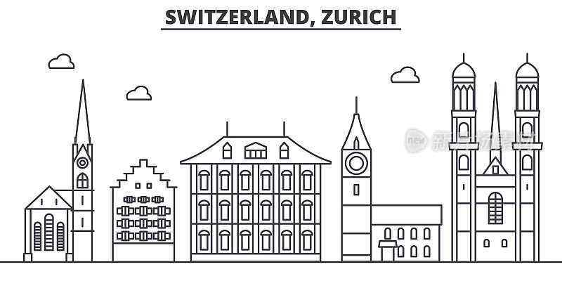 瑞士，苏黎世建筑线天际线插图。线性向量的城市景观与著名的地标，城市景观，设计图标。风景与可编辑的笔触