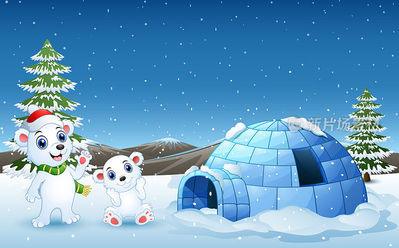 北极熊卡通在有冰屋的雪山中挥手