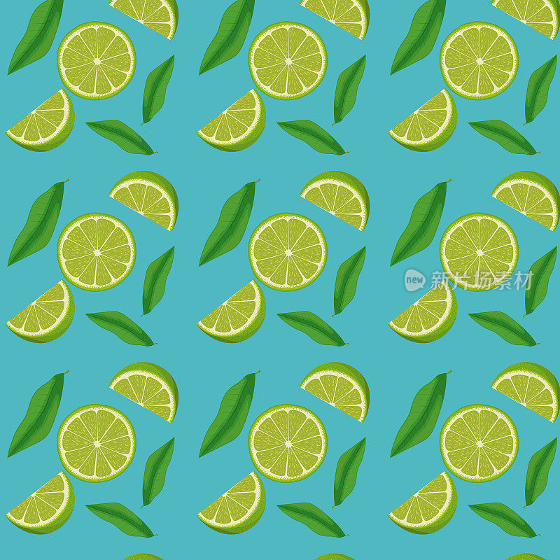 蓝色背景的柠檬片和叶子图案