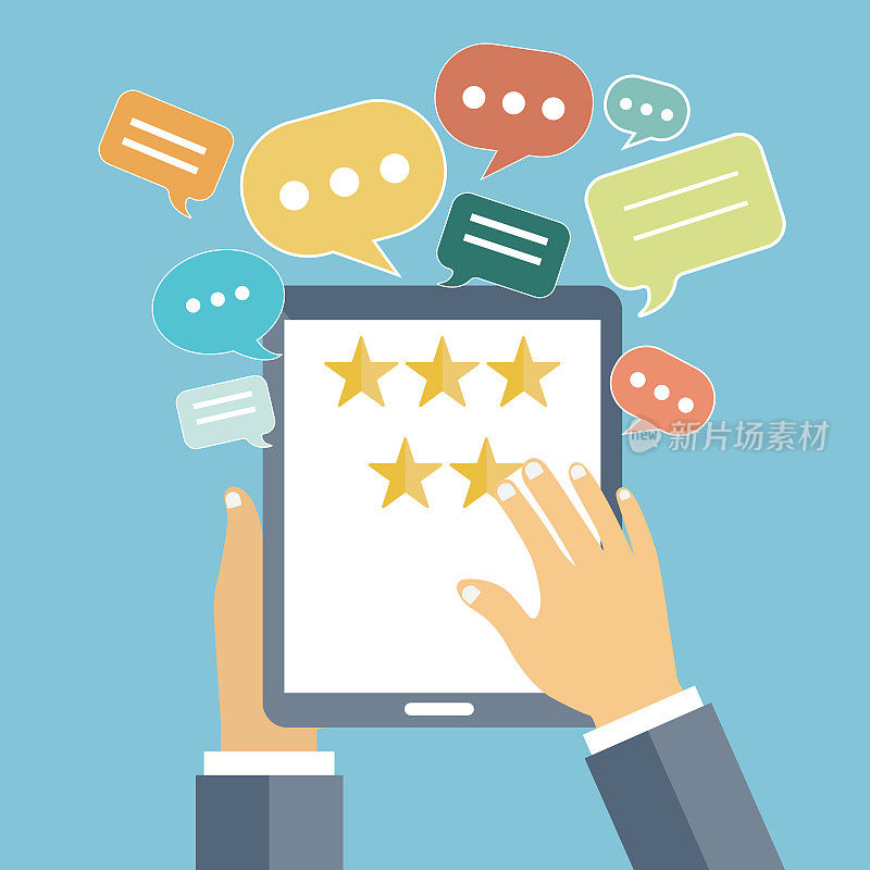 对客户服务的评价说明。手握五星牌匾。网站评价反馈和审查的概念。平面向量插图