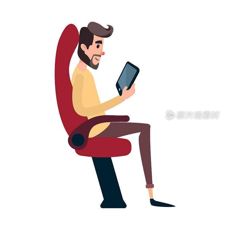 男人是公共汽车或飞机上的乘客。一个年轻人坐在飞机的椅子上看着平板电脑。公共汽车上的座位被那个看书的人占了