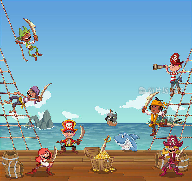 一群卡通海盗在一艘船的甲板上