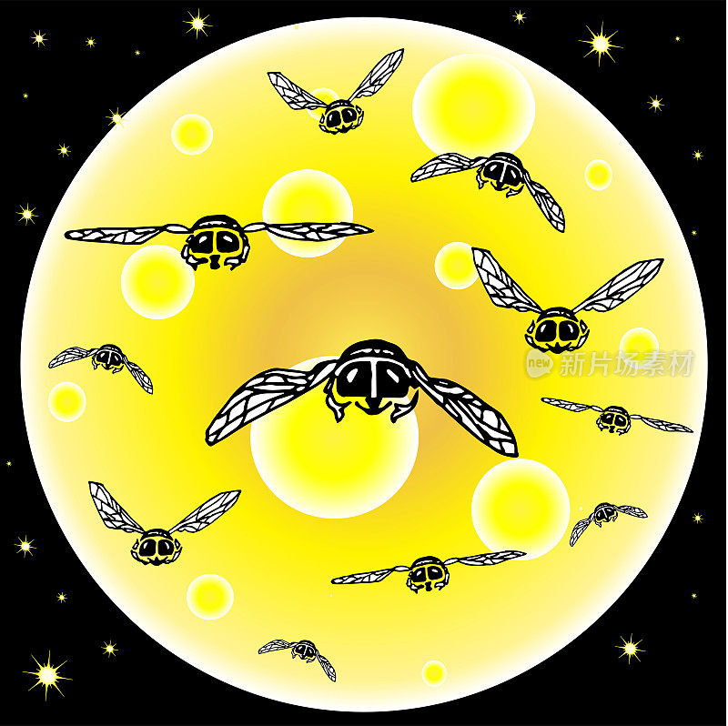 卡通平面蚊子设计，苍蝇剪影在黄色的月亮背景，夜晚深蓝色的天空