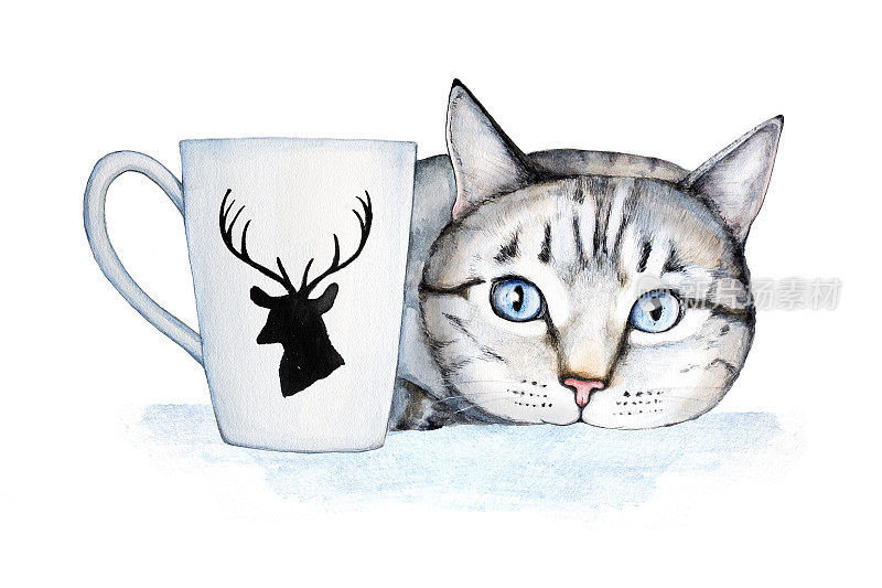 近距离拍摄的一个可爱的条纹猫与蓝色的大眼睛，躺在白色的马克杯装饰着圣诞驯鹿的装饰品。