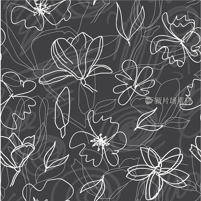 花式绘图无缝图案。手绘花卉，涂鸦，漩涡在黑色背景，粉笔板。