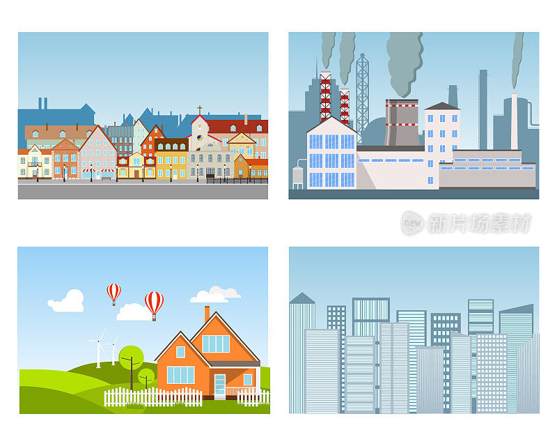 城市风光。工业区，老城区，现代大都市，郊区。城市风景的卡通插图。