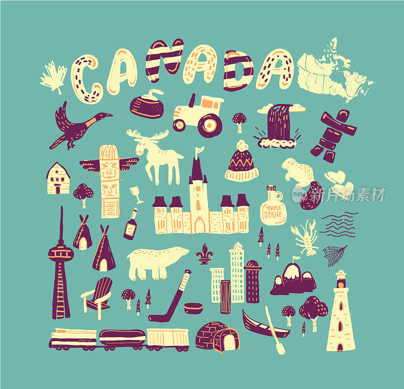 加拿大主题地图设计元素手绘