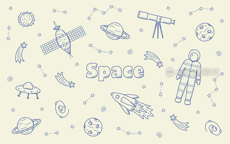 宇宙涂鸦是一套矢量插图。框架图标的空间元素火箭宇航员恒星卫星望远镜彗星。