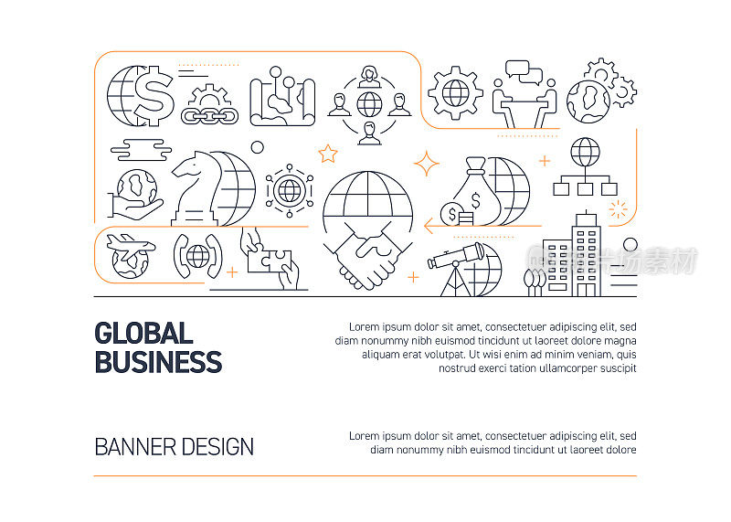 全球业务相关的矢量横幅设计概念，现代线条风格与图标