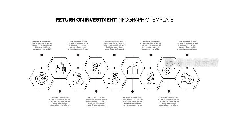 投资回报概念矢量线信息图形设计图标。9选项或步骤的介绍，横幅，工作流程布局，流程图等。