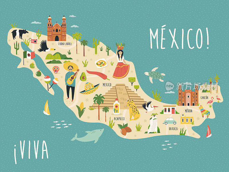矢量插图地图与著名的地标，墨西哥的符号。