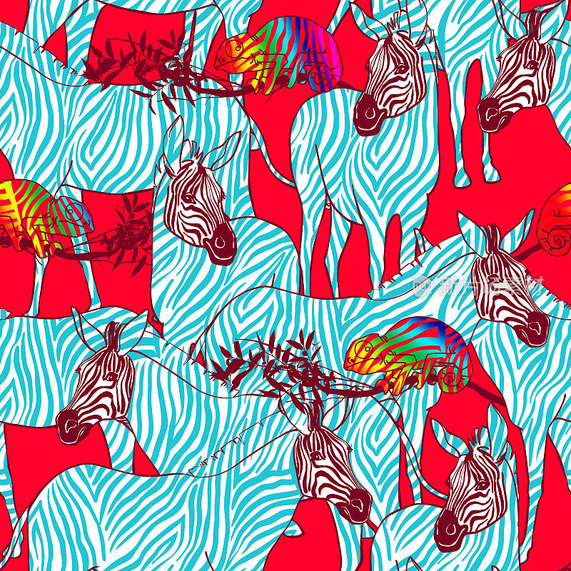 斑马和彩虹变色龙在红色的背景，无缝的模式与条纹，动物背景插图