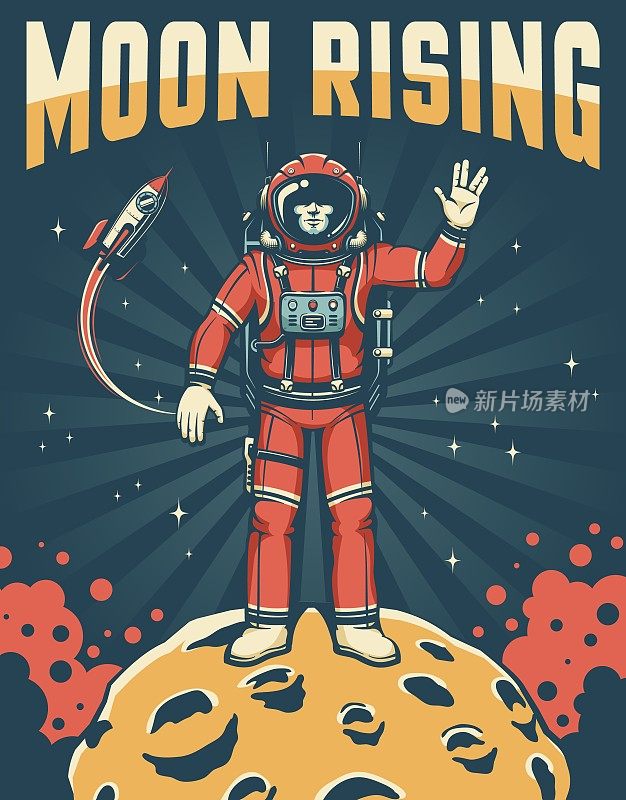 穿着红色太空服的宇航员在月球上