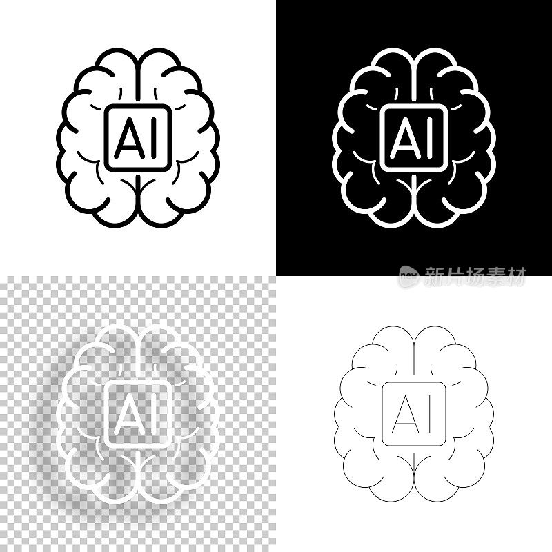 人类大脑与人工智能AI。图标设计。空白，白色和黑色背景-线图标