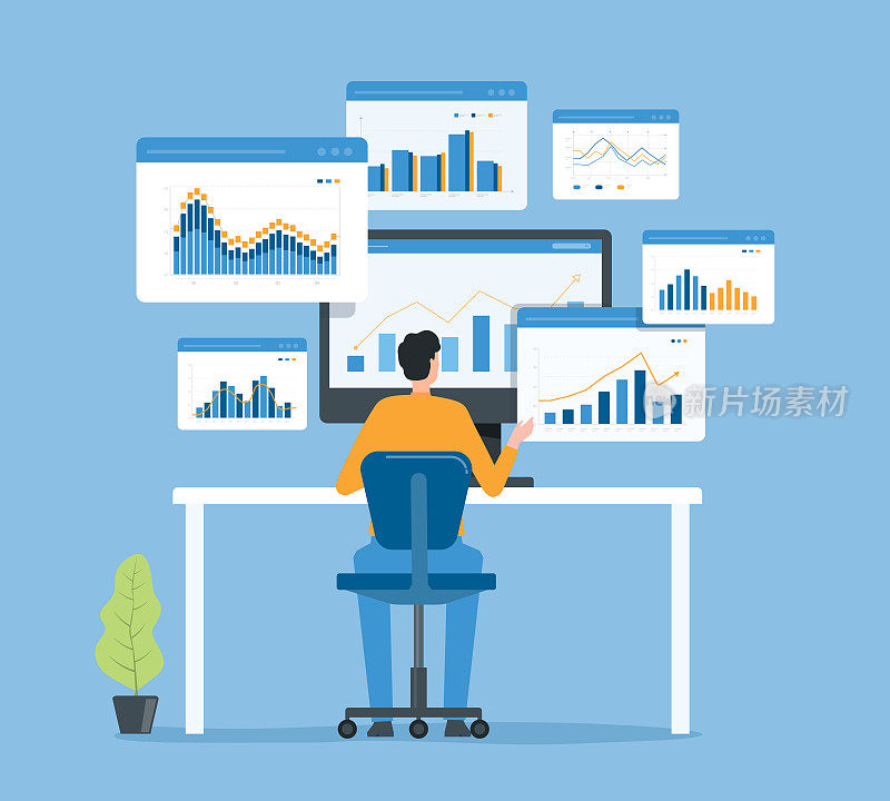 扁平的业务人员分析和监测投资和财务报告图表的监测概念。企业营销计划。