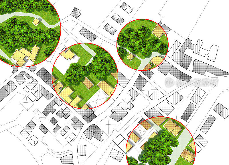 城市树木普查-绿色管理和树的映射概念与想象的城市地图与突出的树木