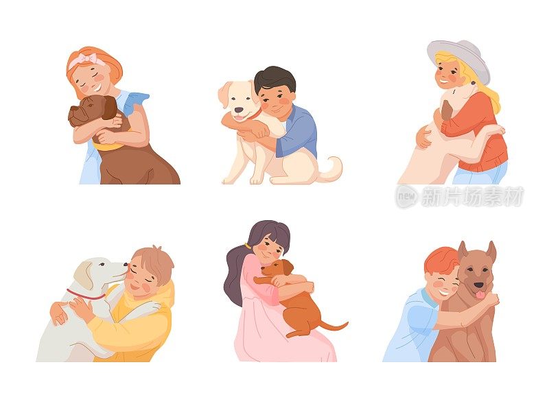 孩子们拥抱的狗。孩子拥抱宠物，孩子喜欢小朋友的小狗，主人最好的犬种，孩子微笑拥抱小狗，快乐生活方式的卡通动物时髦的载体