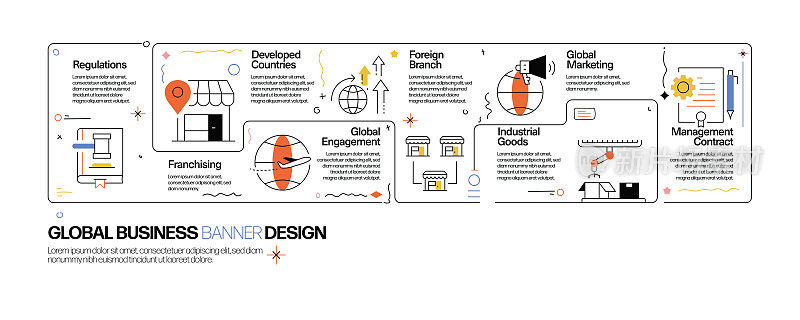 全球业务概念，线风格矢量插图