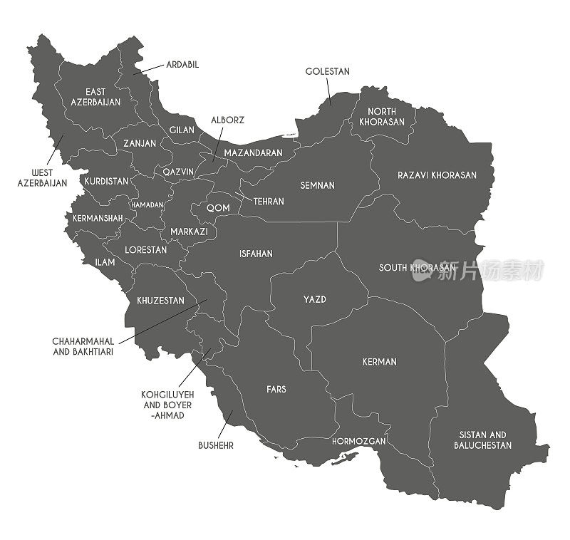 矢量地图上有伊朗的省份和行政区划。可编辑和明确标记层。