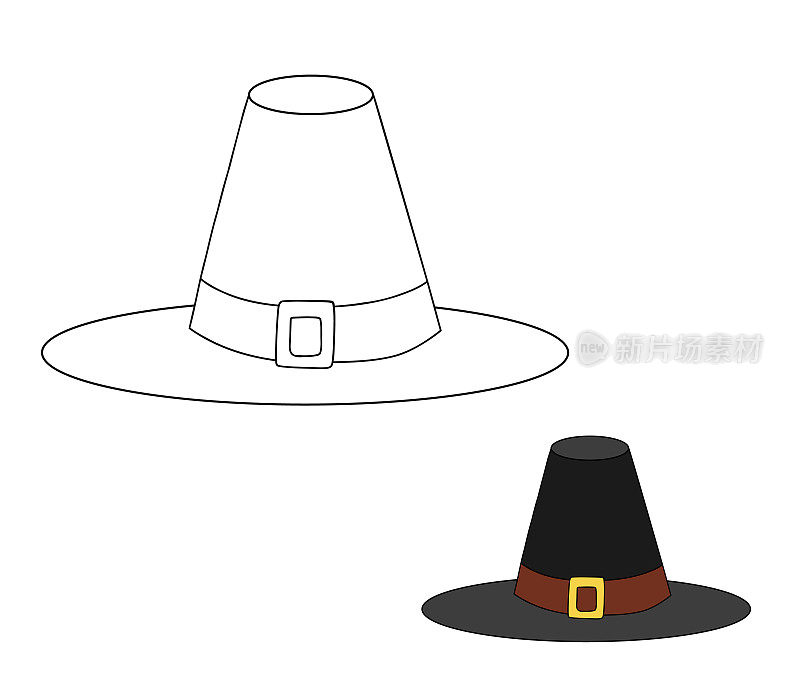 黑色朝圣者的帽子孤立在白色。传统的帽子作为感恩节的象征。向量平面插图和线艺术着色页