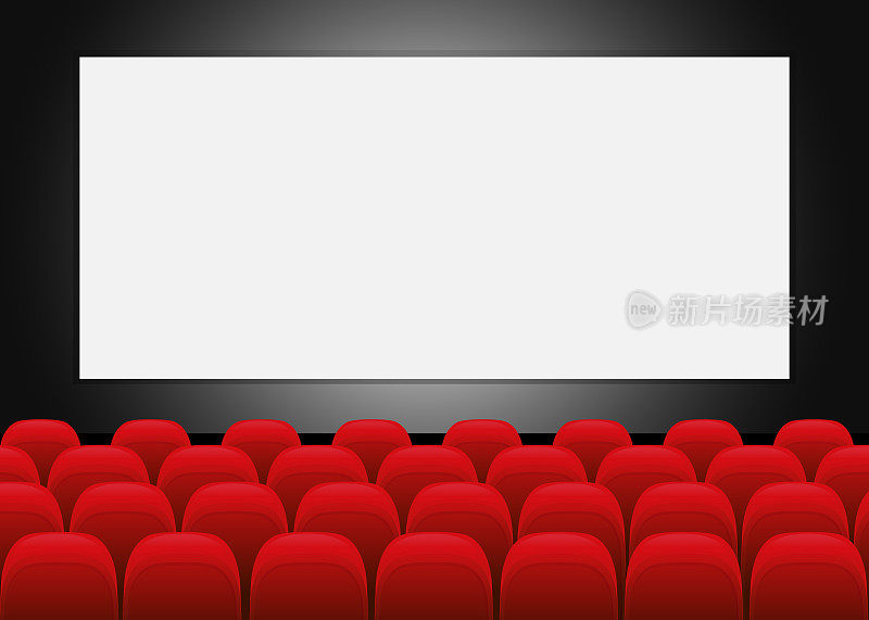 电影院，黑屏红座的电影院。电影院的电影屏幕。