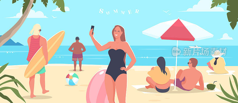人们在海滩上放松。在海边过暑假。漂亮的泳装女孩在自拍。矢量插图在卡通风格。