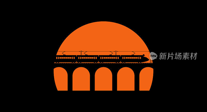 夕阳西下，现代高速郊区列车的剪影在古老的拱桥上行驶。平面矢量插图黑色
