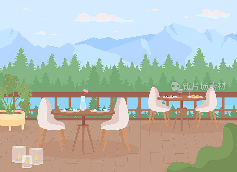 豪华高地度假酒店餐厅平面彩色矢量插图