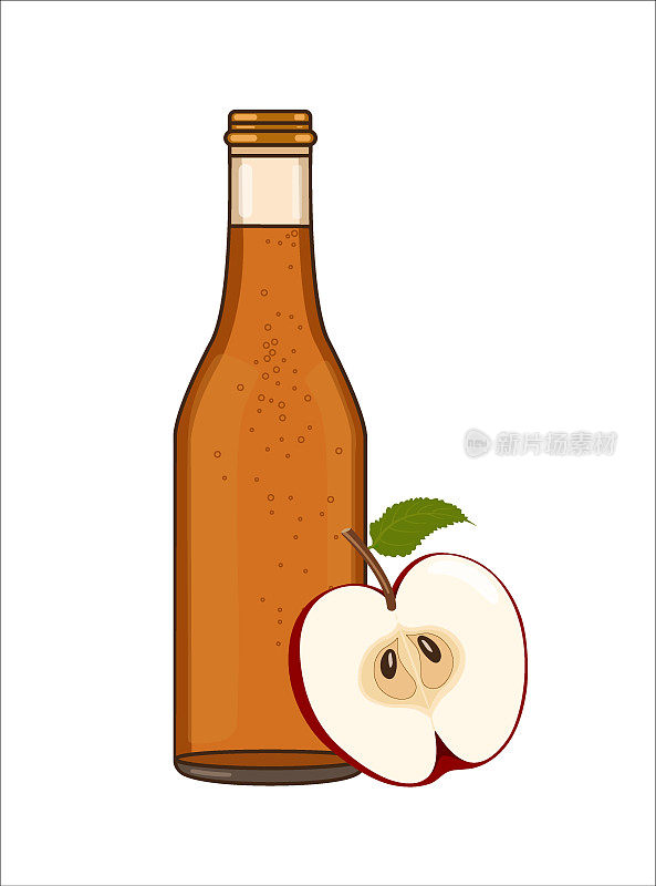 苹果酒瓶装啤酒或潘趣酒。矢量插图酒精饮料和红色腰斩苹果在平面风格在白色背景