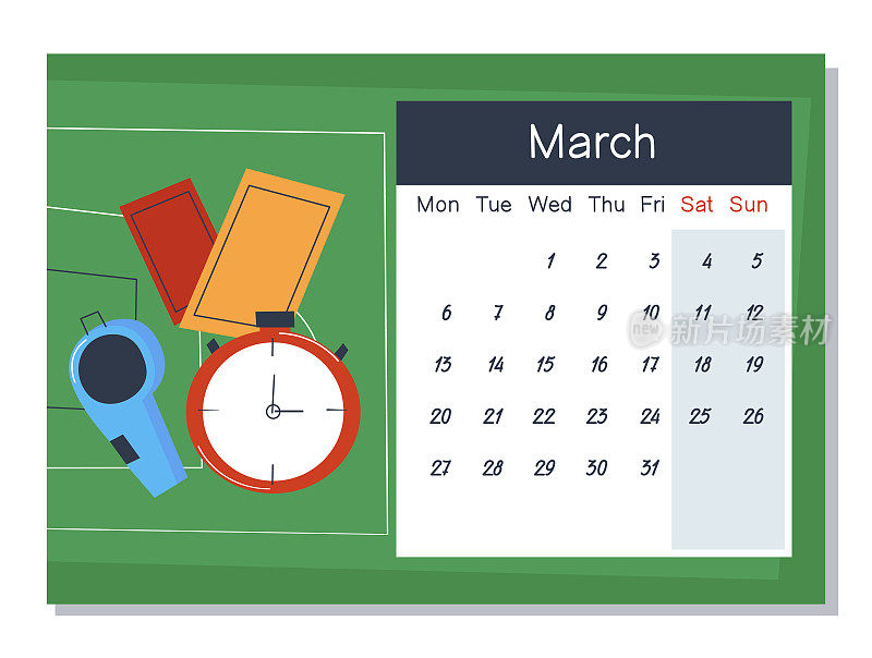 哨子、黄红牌和秒表——裁判都定了。2023年3月日历。一周从周一开始，周末尤为突出。时髦的平面矢量插图。