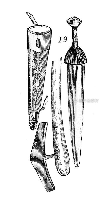 古董插图，民族志和土著文化:非洲，锄头，匕首，刀