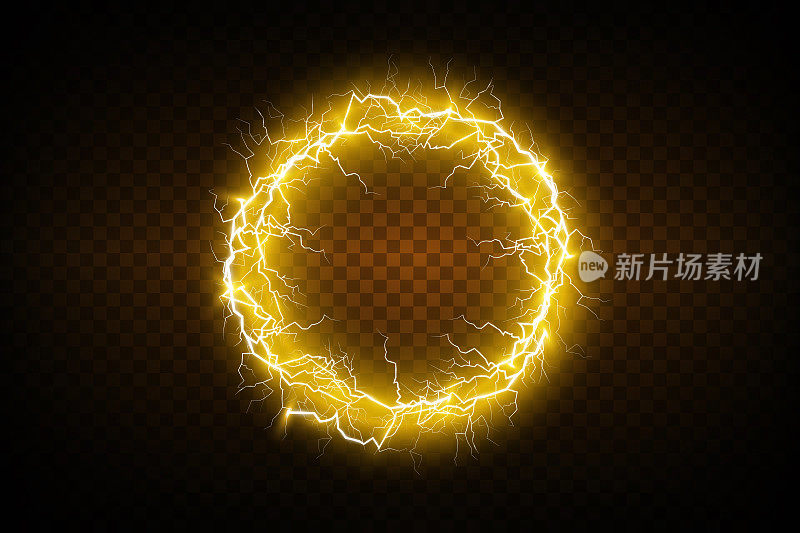 透明背景上的球状闪电。矢量插图，抽象的闪电在金色。闪电，雷声，火花。